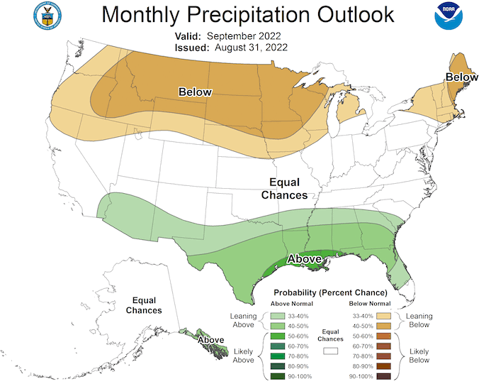 The September 2022 precipitation outlook favors below-normal precipitation for areas in drought in the Midwest (Iowa, Minnesota).