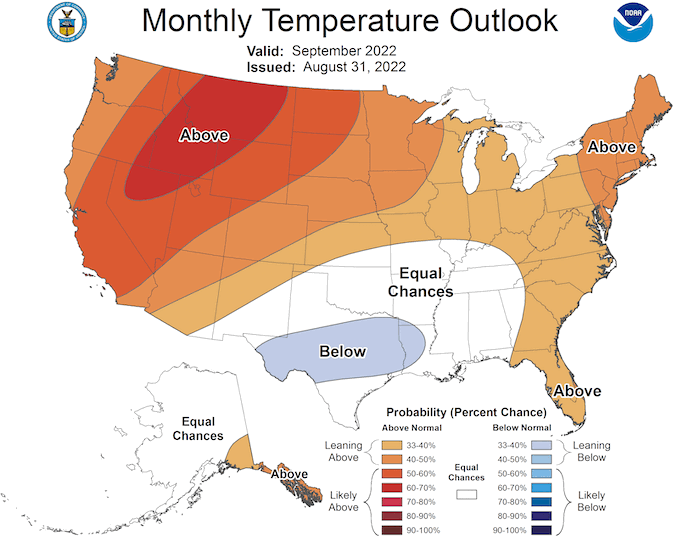 The September 2022 temperature outlook favors above-normal temperatures across a majority of the Missouri River Basin.