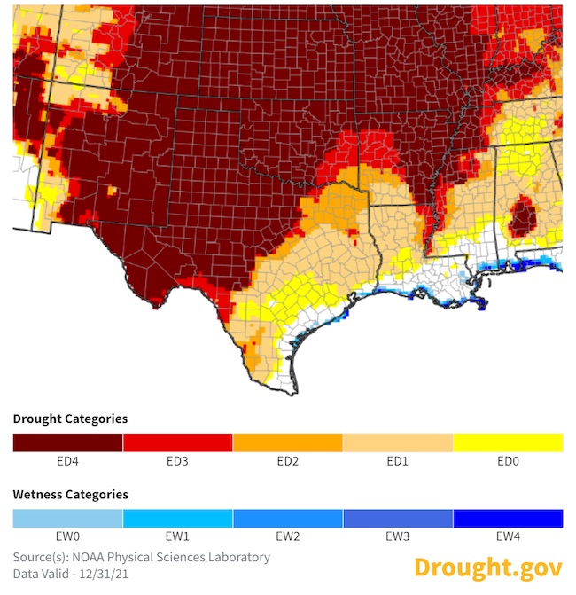 Map of the Southern Plains showing the 1-month averaged Evaporative Demand Drought Index (EDDI) as of December 31, 2021. Areas of high EDDI are shown in yellow and red and cover the whole region except the coastal fringe of Texas and Louisiana.