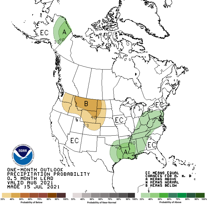 Map showing the probability of exceeding the median precipitation for the month of August 2021. Odds favor below normal precipitation for the northwestern US.
