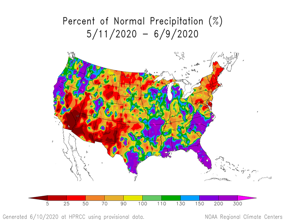Percent of normal precipitation in the last 30 days, High Plains Regional Climate Center