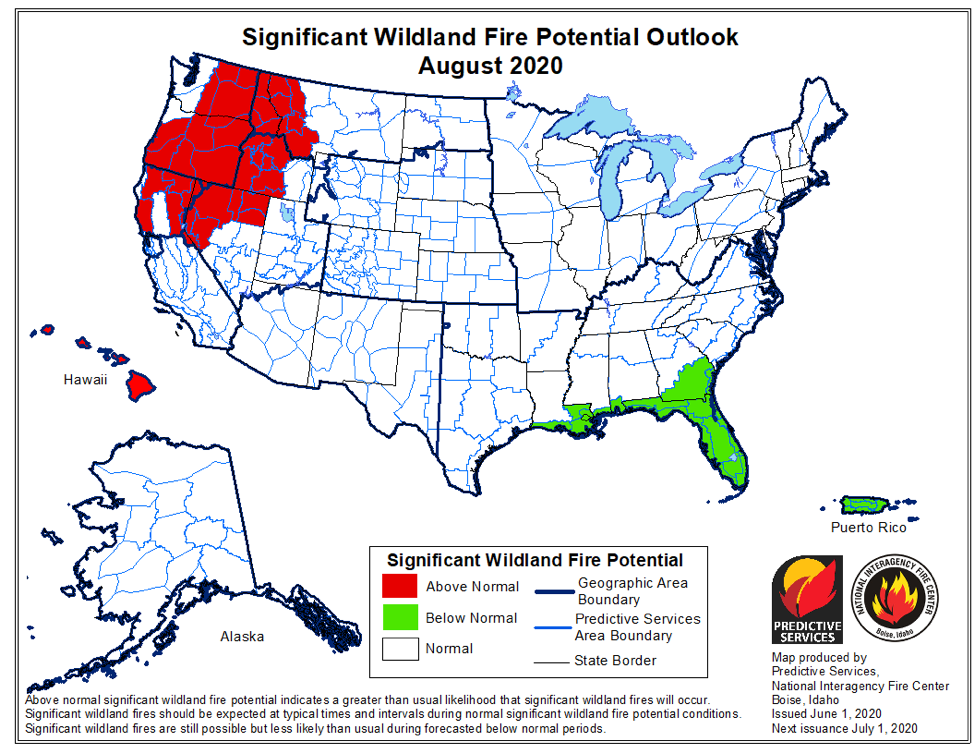 August 2020 Significant Wildland Fire Potential Outlook, National Interagency Fire Center