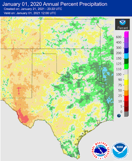 Percent of normal annual precipitation for 2020 across Texas, Oklahoma, and Kansas. Shows below-normal precipitation across most of western to central Texas, northwestern Oklahoma, and northwestern and southeastern Kansas. Parts of western Texas saw precipitation between 10%-50% below normal.