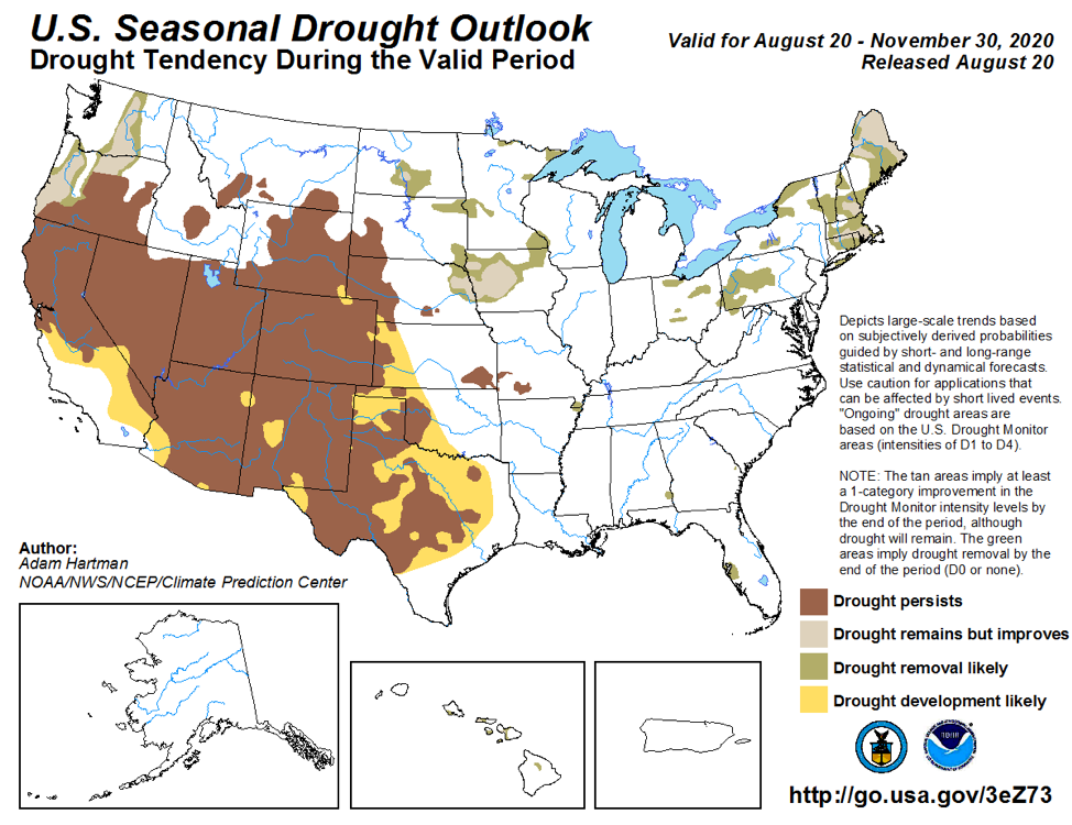 Climate Prediction Center U.S. seasonal drought outlook from August 20, 2020 to November 30, 2020