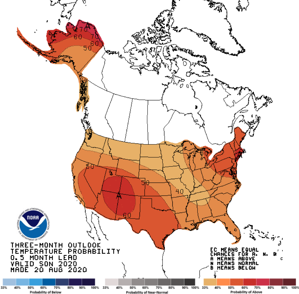 National Weather Service Climate Prediction Center three-month temperature outlook made on August 20, 2020