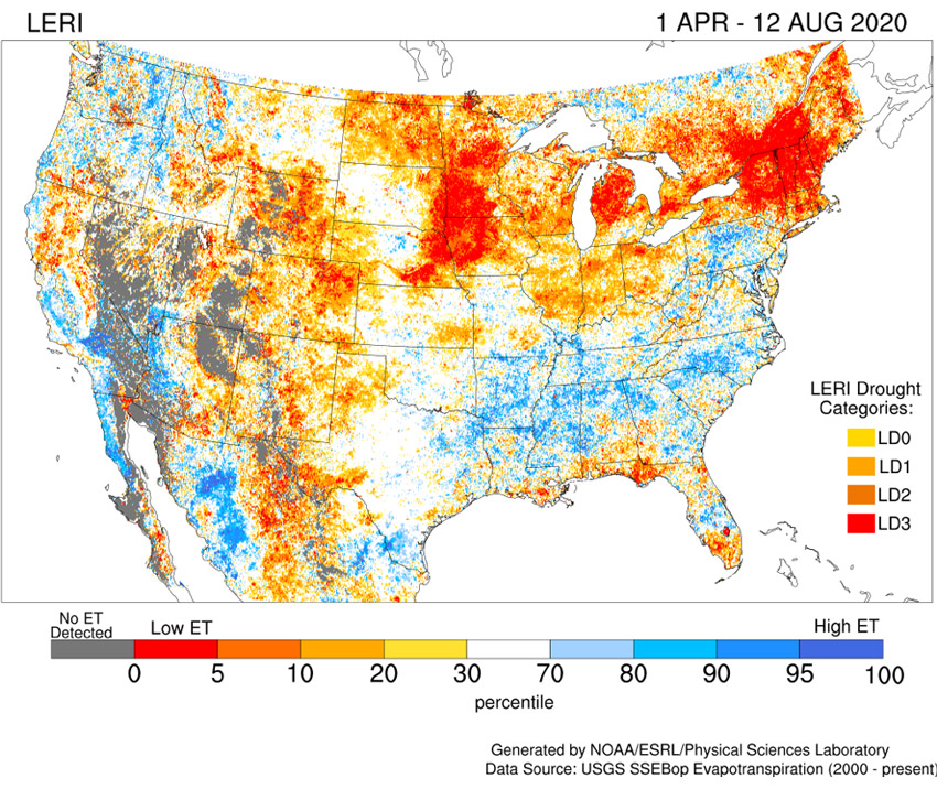 Eight-day accumulated Landscape Evaporative Response Index from April 1-August 12, 2020 for the contiguous U.S.