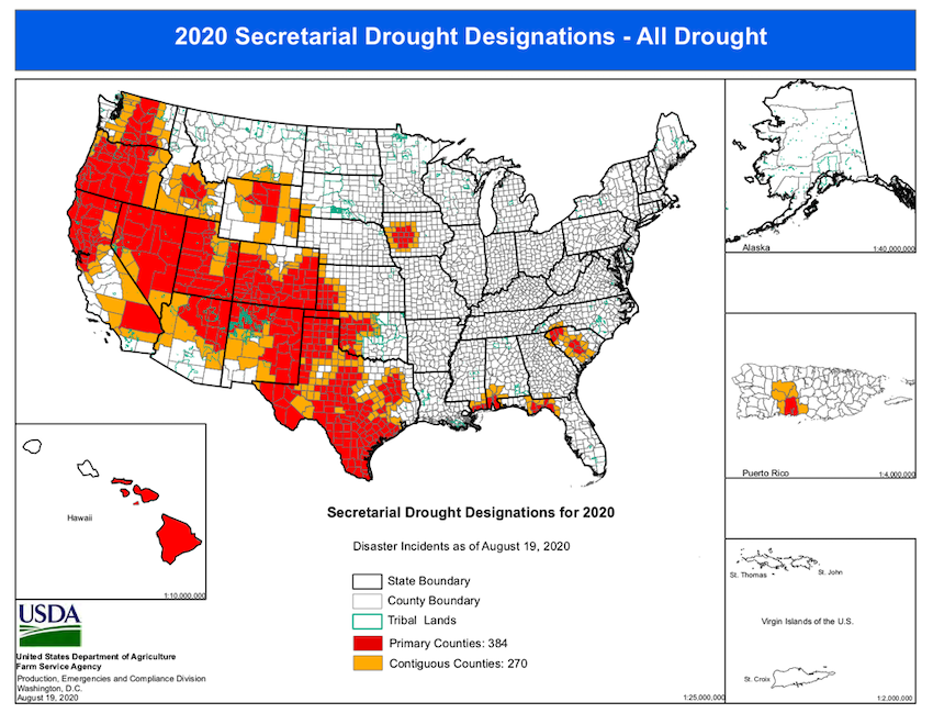 USDA drought designated counties for 2020