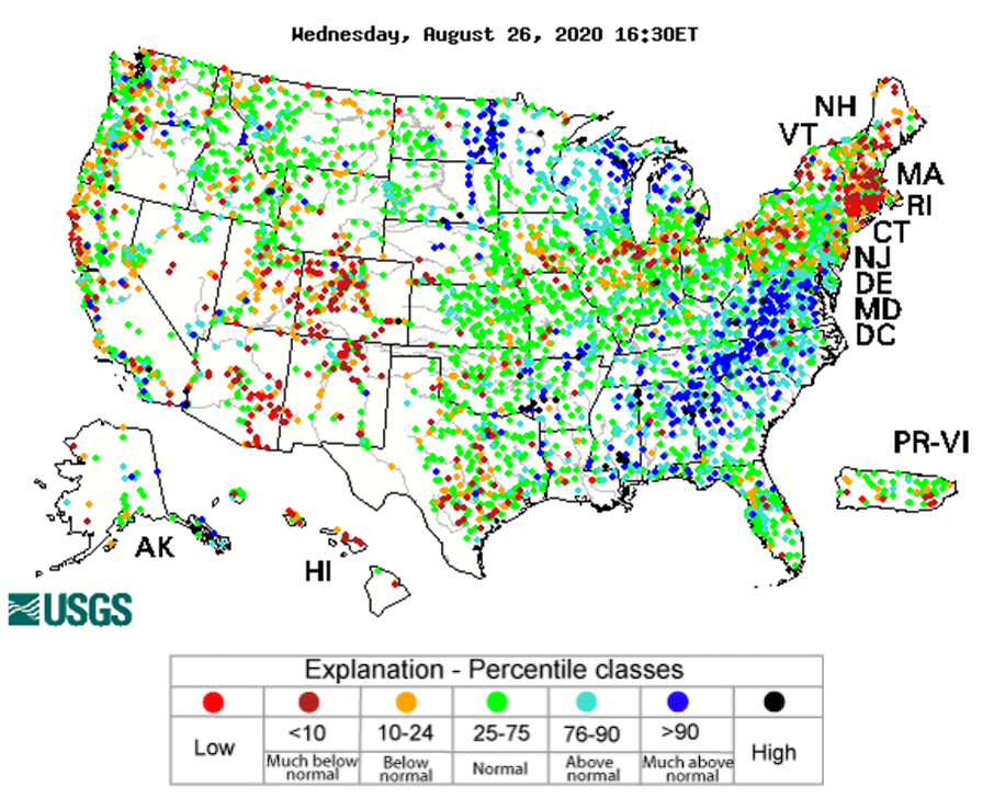 USGS map showing real-time streamflow compared to historical streamflow for August 26