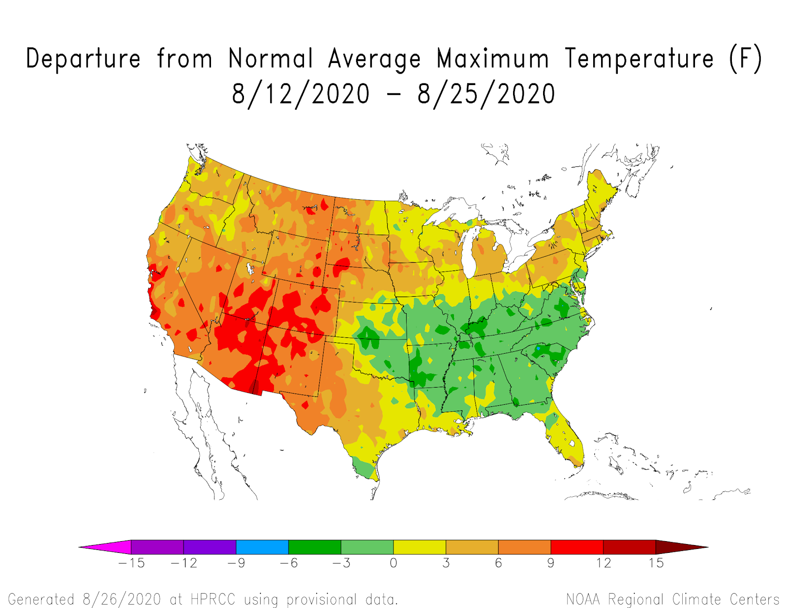 High Plains Regional Climate Center map showing two-week departure from normal average maximum temperature for the contiguous U.S.