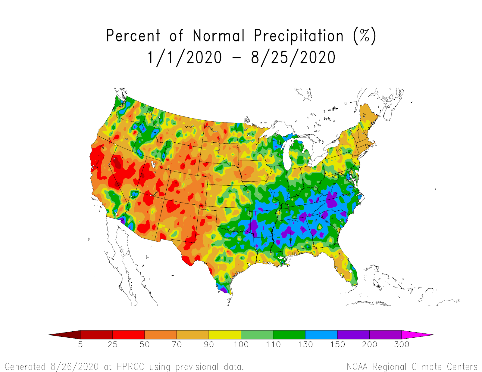 High Plains Regional Climate Center Website map showing year-to-date percent of normal precipitation for the contiguous U.S.