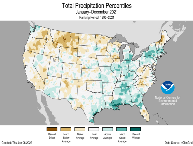 Precipitation percentile rankings across the United States for 2021, compared to 1895–2021. Parts of northern VT and NH and western ME saw much below average precipitation in 2021, while other parts of the Northeast saw above average precipitation.