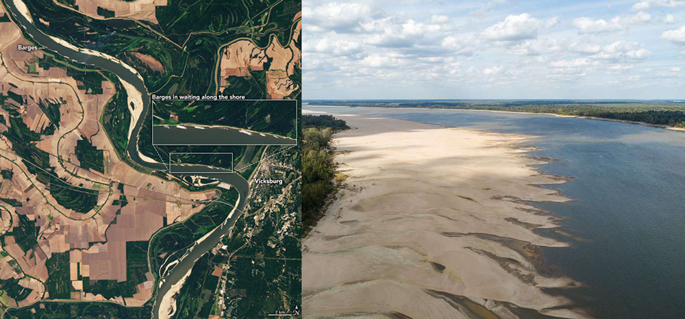A NASA satellite image shows backed up barges north of Vicksburg, with low water levels along the Mississippi River in October 2022. Next to this is a photo of low water levels along the river, showing a sandy bank.