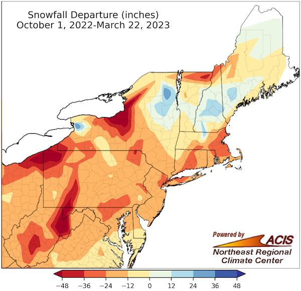 From the start of the water year (October 1, 2022), snowfall is below normal across most of the Northeast, except for parts of New York, New Hampshire, Vermont, and southern Maine.