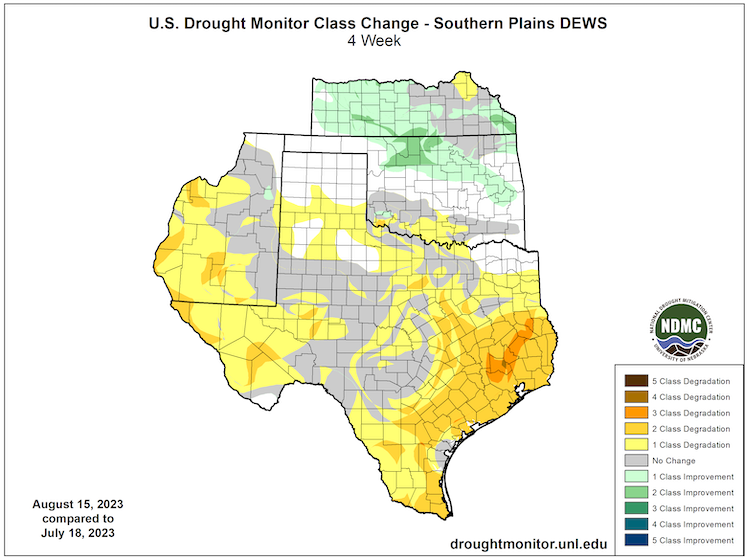 Much of Texas and western New Mexico saw drought degradations over the past 4 weeks, with some improvements in northern Oklahoma and southern Kansas.