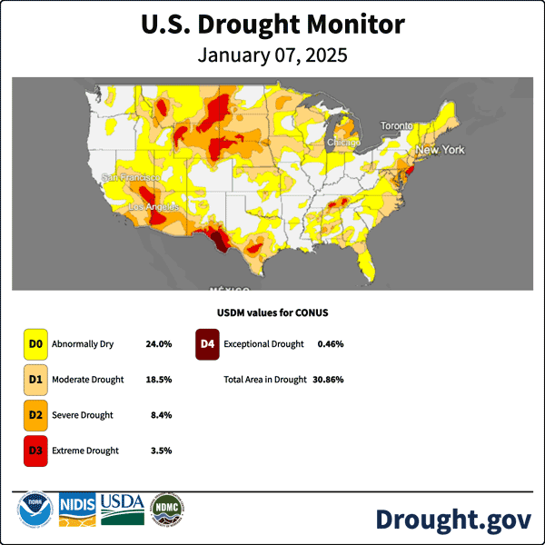 An animated map of the United States showing the weekly progression of the U.S. Drought Monitor throughout 2025. Drought intensity, represented by yellow, orange, and red shades, is seen expanding and contracting across various regions, with significant intensity shown in the West, Southern Plains, and Northeast during the second half of the year.
