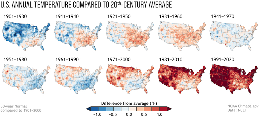 Parts of the United States have seen long-term precipitation trends toward warmer conditions over the 20th century.