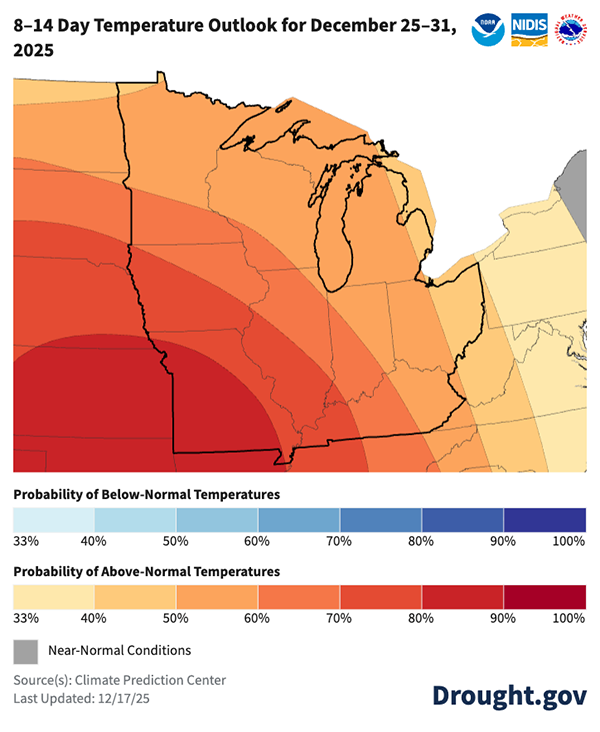 For December 25–31, odds favor above-normal temperatures across the entire Midwest, with the highest probabilities (80-90% probabilities) across Missouri.