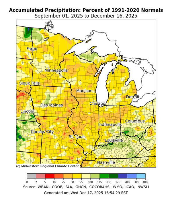 Precipitation from September 1 through December 16 was below normal across a majority of the Midwest. The areas with the largest deficits of only 10-50% of normal were Missouri, Illinois, Indiana, northwest Ohio, Iowa, and portions of Wisconsin.
