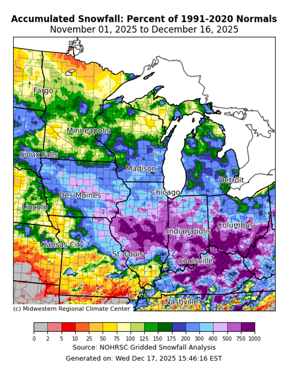  A wide swath of above-normal snowfall spans the central Midwest including portions of Iowa, Illinois, Indiana, Ohio, and Kentucky for November 1–December 16. In these areas, snowfall was over 400% of normal during this time frame.