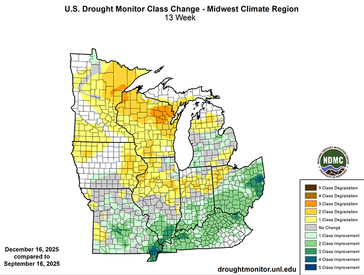 Drought worsened by one to three categories according to the U.S. Drought Monitor across portions of Illinois, Indiana, northwest Ohio, Wisconsin, and Minnesota since mid-September. Drought improved across much of the Ohio River Basin. 
