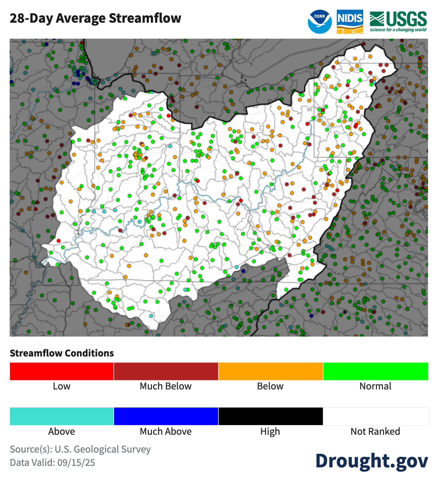 28-day average streamflow map for the Ohio River Basin.