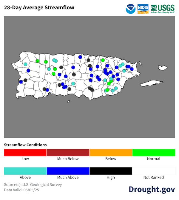 7-day average streamflows are normal to high across most of Puerto Rico.