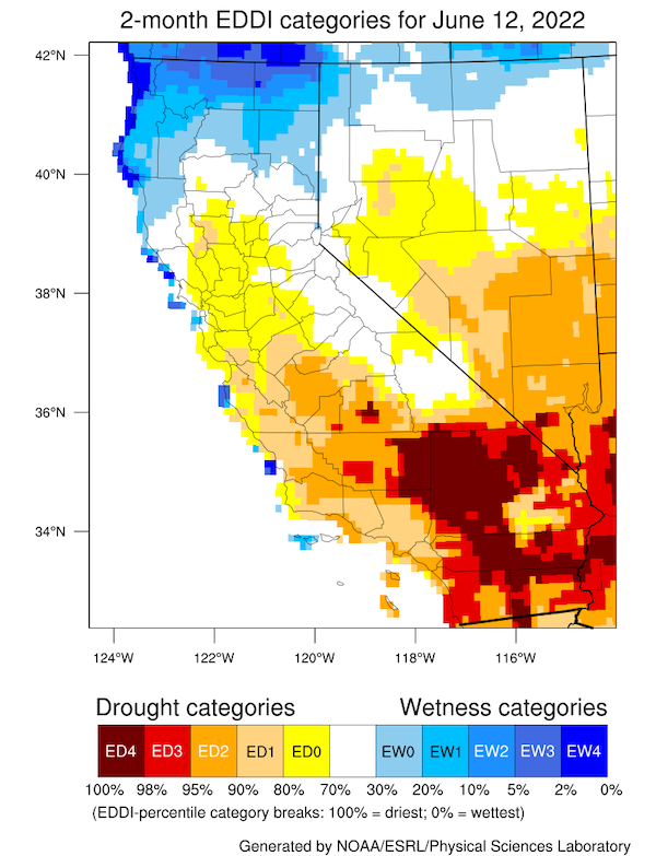 Over the last 2 months (through June 12), Southern California and Nevada are showing high EDDI while Northern California and Nevada are showing low EDDI.
