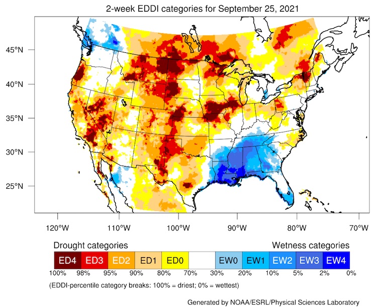 2-week Evaporative Demand Drought Index (EDDI) for the U.S. as of September 25, 2021. EDDI examines how anomalous the atmospheric evaporative demand is.
