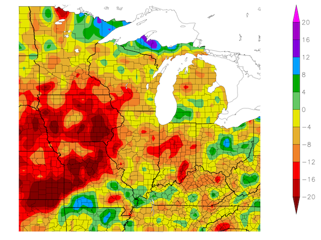 In some areas (Iowa, Missouri, and portions of Indiana, Minnesota, and Illinois), 2-year precipitation deficits are on the order of 16-20 inches.