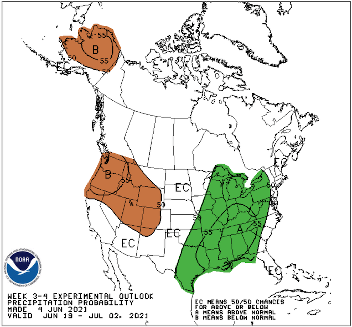 Climate Prediction Center week 3-4 precipitation outlook for the U.S., from June 19-July 2, 2021.