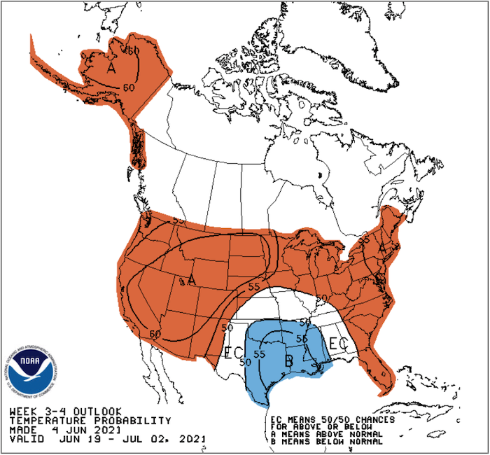 Week 3-4 temperature outlook for June 19 - July 2, 2021. Odds favor above-normal temperatures across the Northeast.