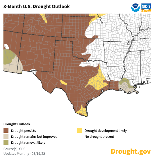 Climate Prediction Center's seasonal drought outlook, predicting where drought is likely to worsen, improve, or remain the same from May 19 to August 30, 2022. Drought is expected to expand in southern and eastern Texas.