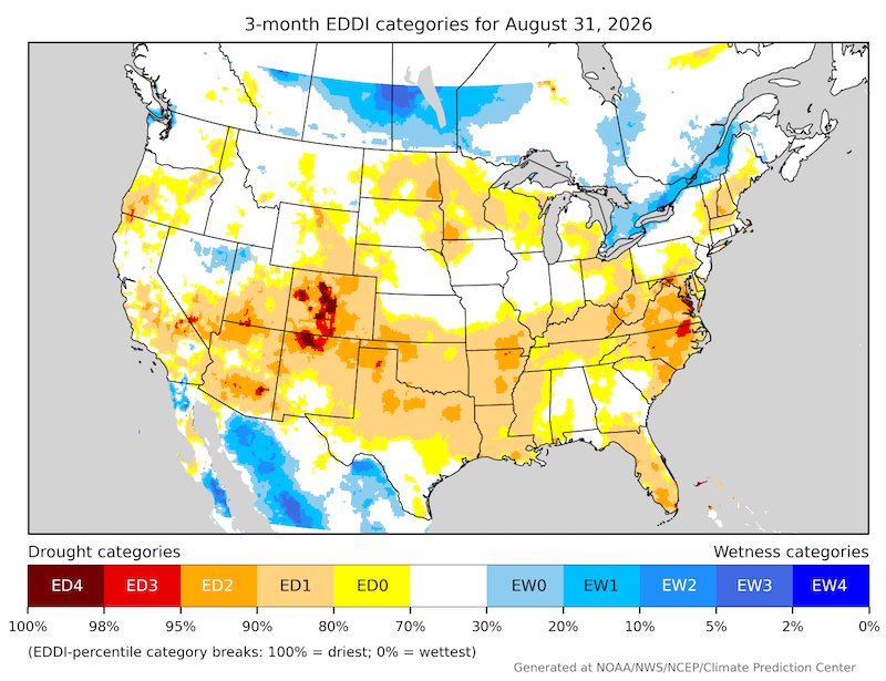 From June to August 2026, almost every state in the Lower 48 had at least some areas of high evaporative demand. Evaporative demand was highest in Colorado.