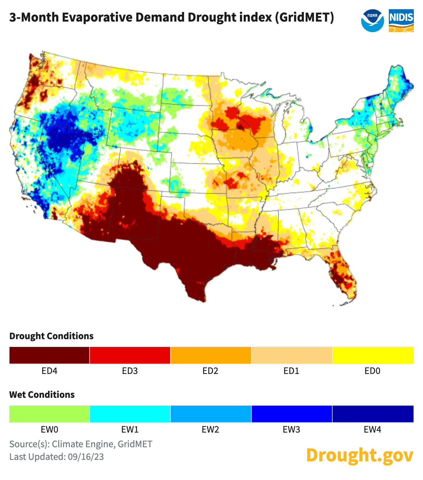The map shows the 90-day Evaporative Demand Drought Index, updated on September 16, 2023.