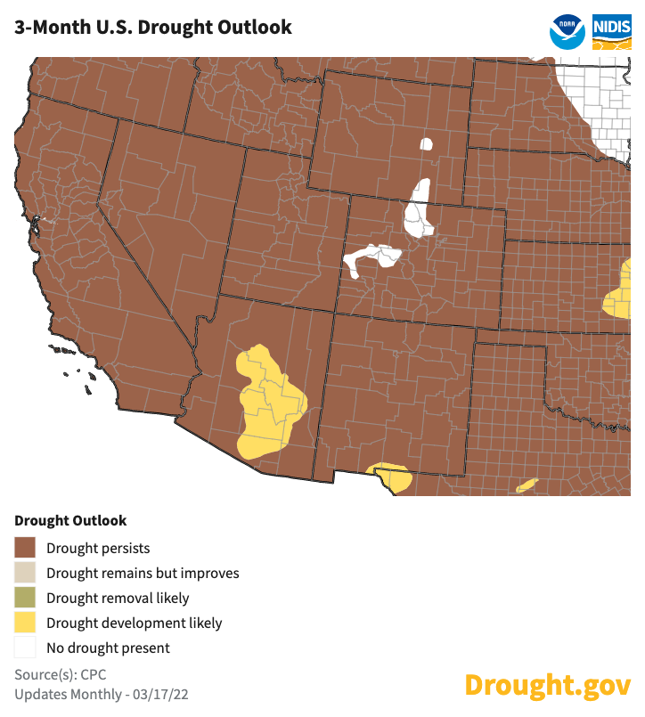 U.S. Seasonal Drought Outlook map of the southwestern United States showing the probability drought conditions persisting, improving, or developing from March 17 to June 30, 2022. Drought is forecast to persist or develop throughout most of the Intermountain West.