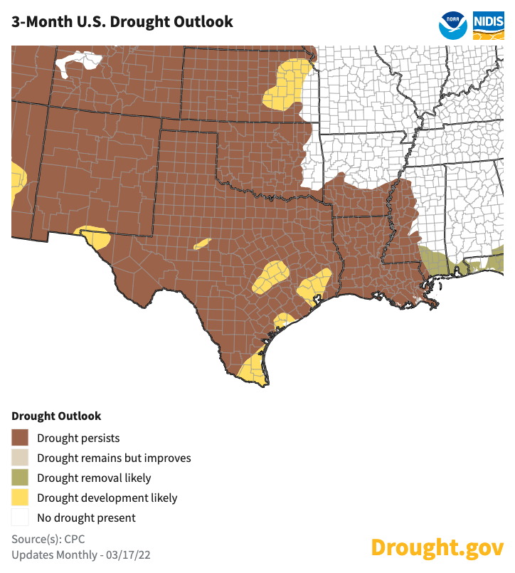 Climate Prediction Center's seasonal drought outlook, predicting where drought is likely to worsen, improve, or remain the same from March 17 to June 30, 2022. Current drought conditions over the western U.S. are forecast to persist.