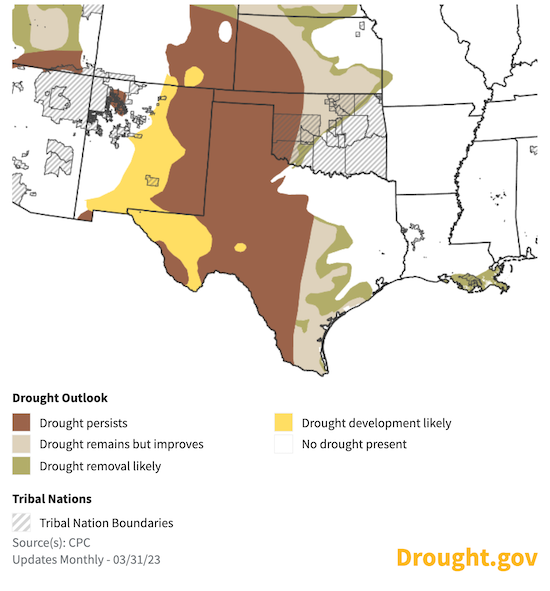 Drought is forecast to persist in places where it is already present with some improvement and even removal in central Kansas, Oklahoma, and Texas.