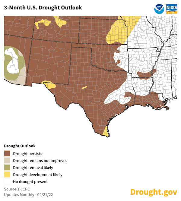 Climate Prediction Center's seasonal drought outlook, predicting where drought is likely to worsen, improve, or remain the same from April 21 to July 31, 2022. Current drought conditions over the western U.S. are forecast to persist.