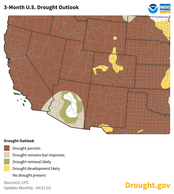 U.S. Seasonal Drought Outlook map of the southwestern United States showing the probability drought conditions persisting, improving, or developing from April 21 to July 31, 2022.  Drought conditions are forecast to persist across the West, with possible drought improvements in southern Arizona by the end of the season.