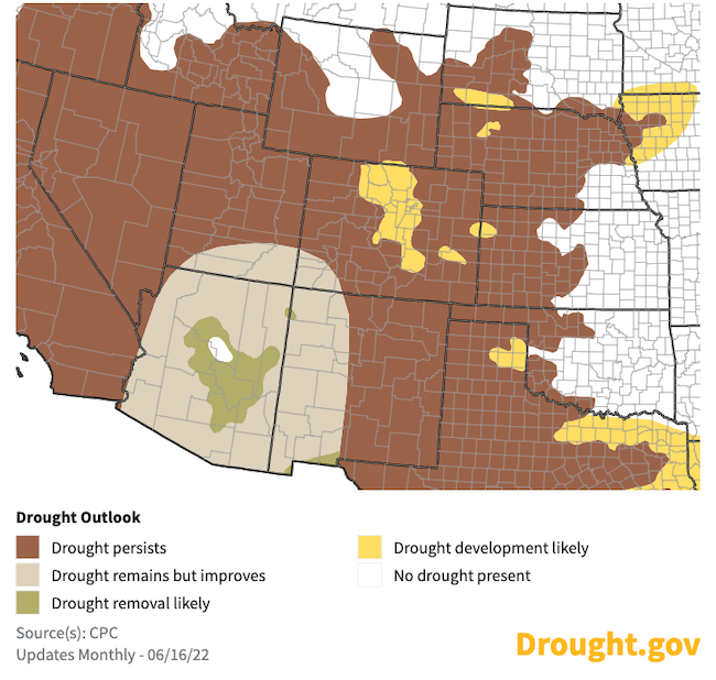 . Current drought conditions over the western U.S. are forecast to persist through September 30, 2022.