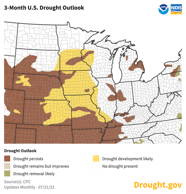 The U.S. Drought Outlook for July 21 to October 31predicts that drought will remain or develop across Missouri and most of Iowa, southern Minnesota, far-western Illinois, and western Michigan.