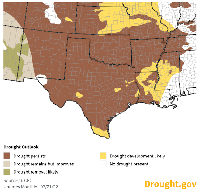 The Climate Prediction Center's seasonal drought outlook forecasts that drought will persist or develop across the Southern Plains from July 21 to October 31.