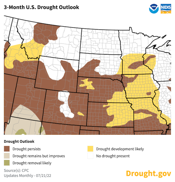 3-month drought outlook for the Missouri River Basin. From July 21 to October 31, existing drought is expected to persist, and to expand across the Lower Basin