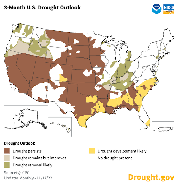 According to the drought outlook for December–February, drought development is likely for the southern Plains, far low Mississippi Valley, and Southeast.