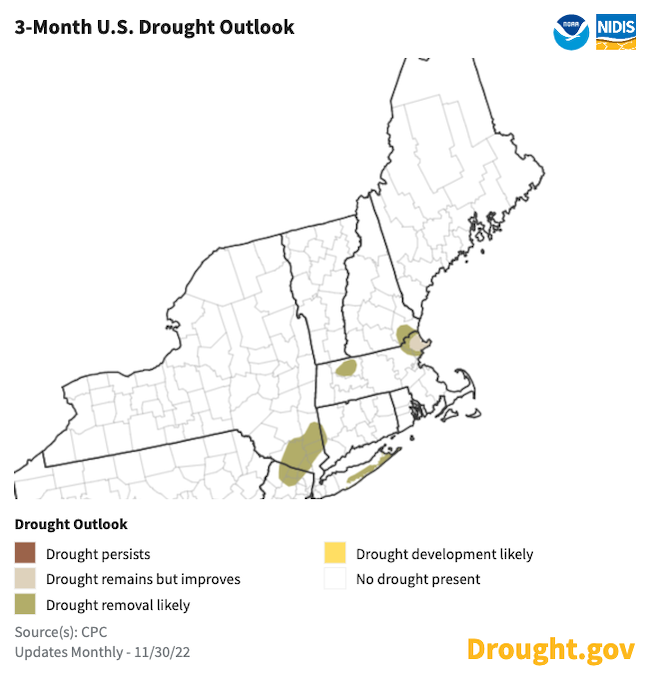 Areas of drought in New York and Massachusetts are likely to improve or be removed from December to January.