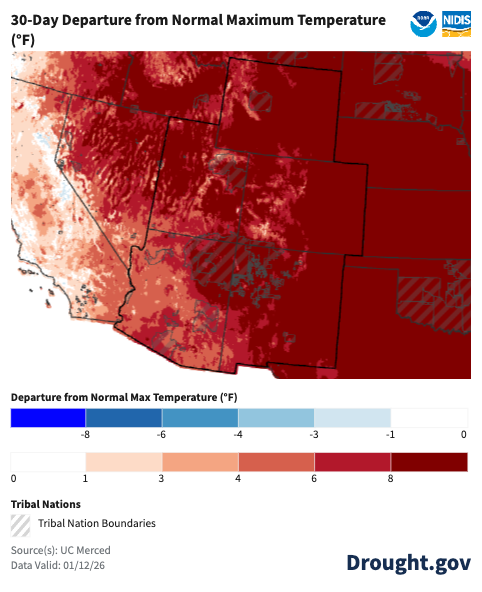 Maximum daily temperatures for December 2025 were warmer than average for the entire Intermountain West. Much of the region 8-10 ºF above average.