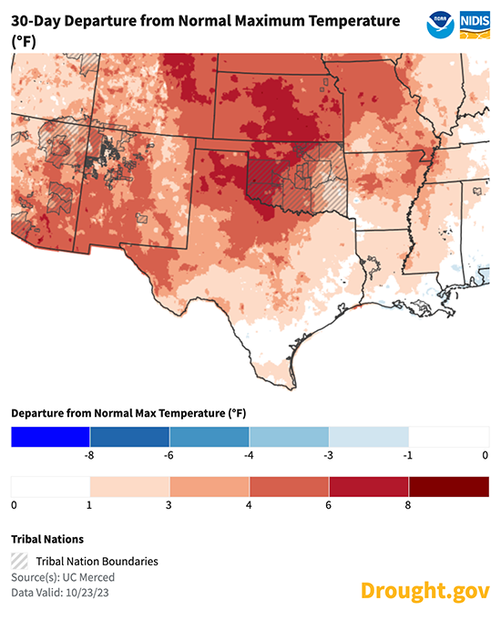 Over the last 30 days to October 23, 2023, the Southern Plains has experienced near- to above-normal maximum temperatures.