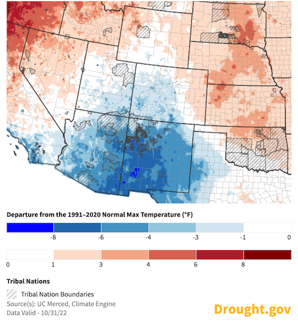 In the 30 days leading up to October 31, much of the Intermountain West had lower than normal temperatures.