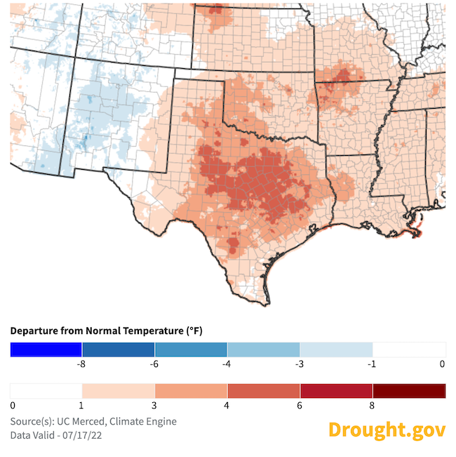 In the 30 days leading up to July 17, much of the Southern Plains has had near or above-normal temperatures.