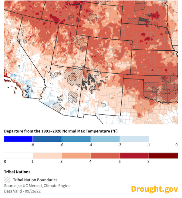 Over the past 30 days, areas most affected by drought have seen mean daily maximum temperatures relatively near, or within a few degrees of average.